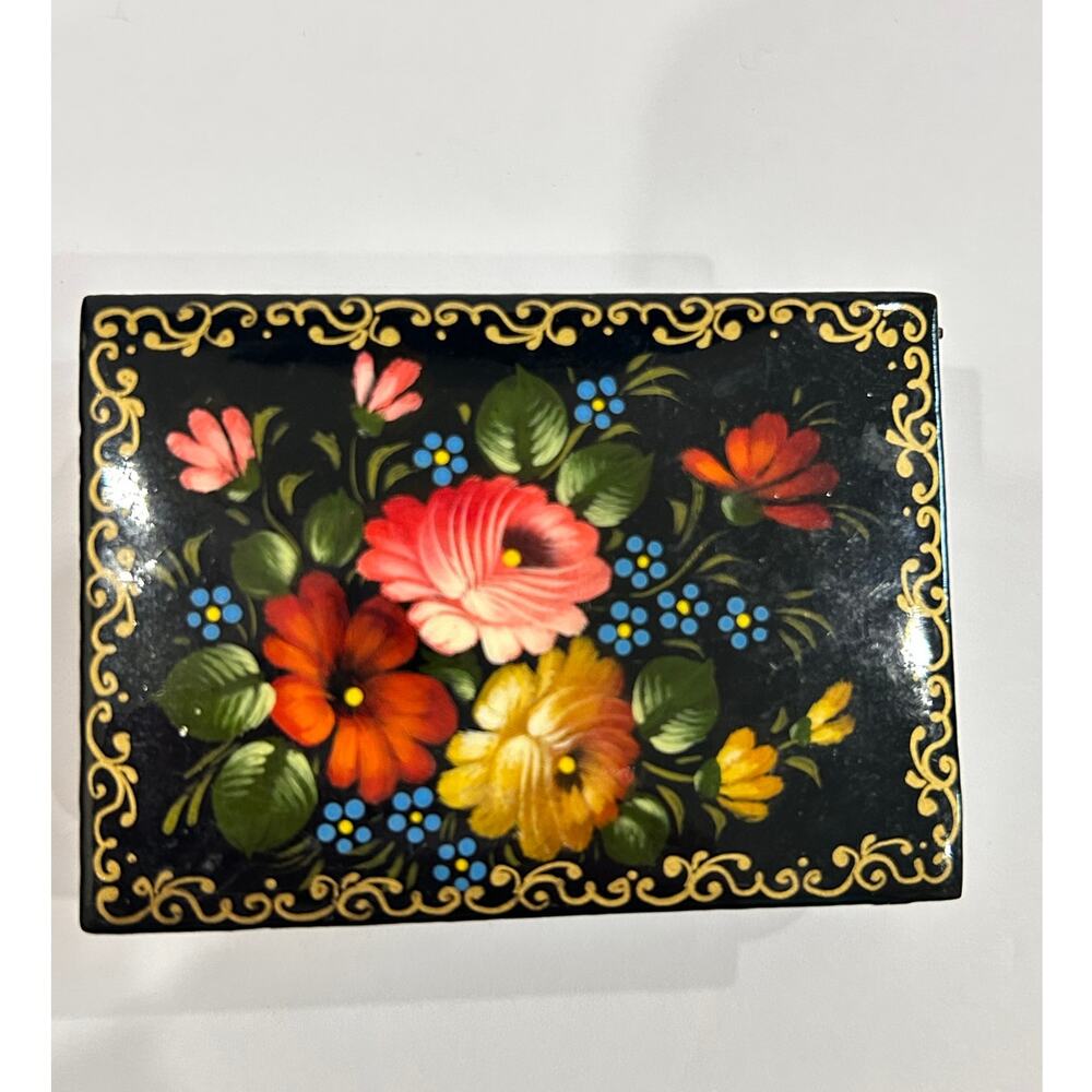 Vintage hand painted Russian black lacquer floral trinket box